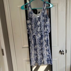Blue and white patterned dress with stretchy waist and tie